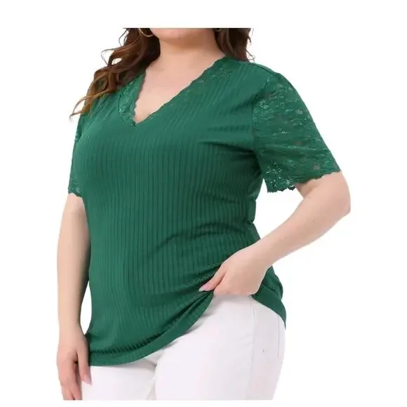Agnes Orinda Plus Size Top Women V Neck Green Short Sleeve Elegant Lace Sz 3XL - Picture 2 of 9